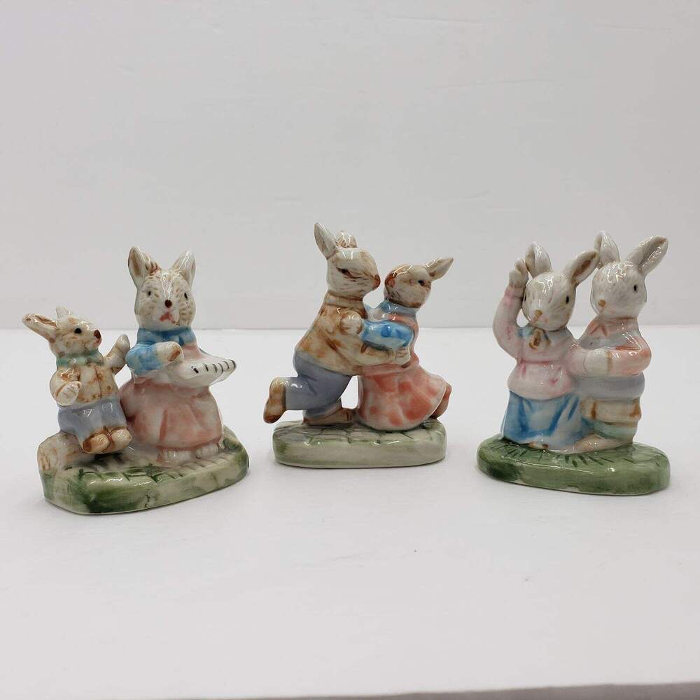 Bunny Rabbit Figurines Ceramic Glazed Dancing Bunnies Story Time Set of 3 Vtg